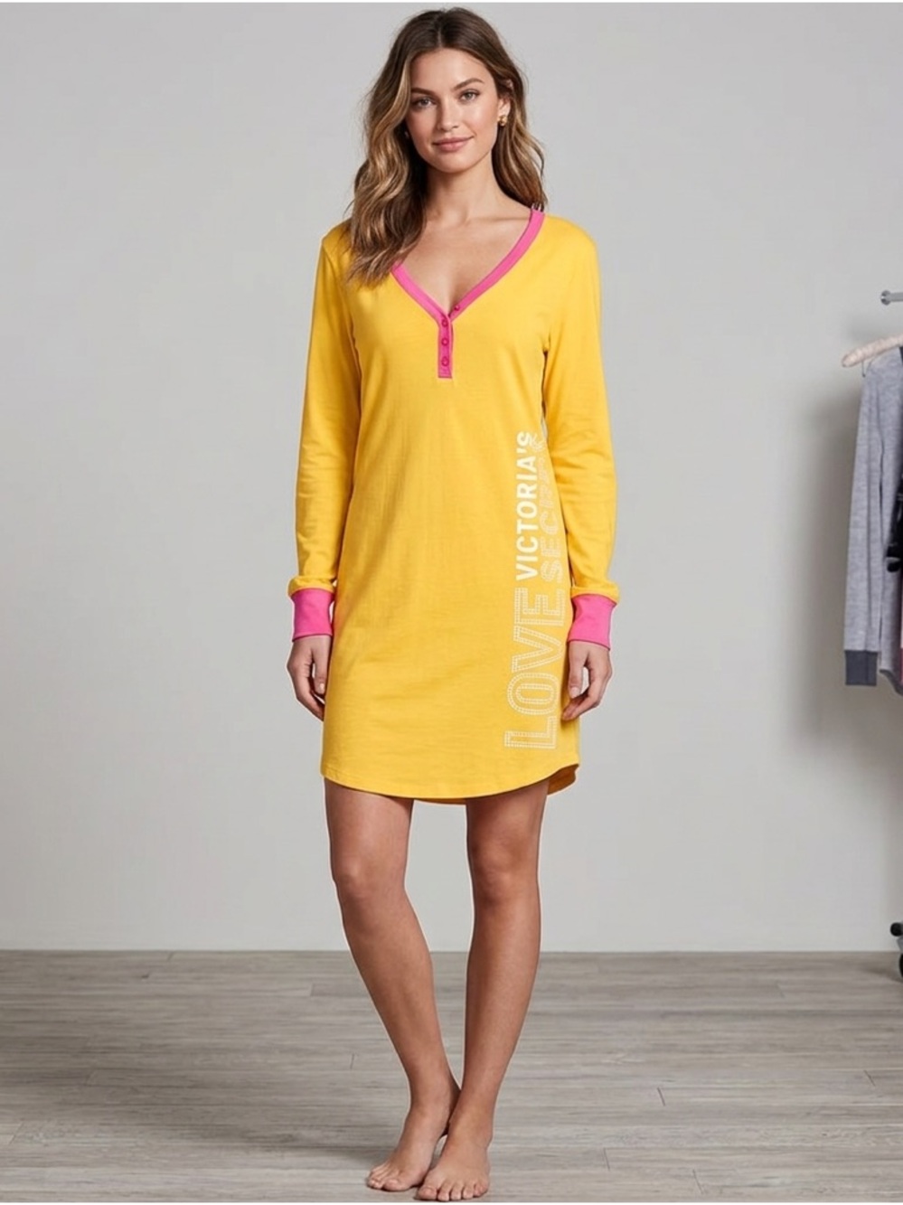 Victoria's Secret Love Yellow and Pink Long Sleeve V-Neck Nightgown Size Medium